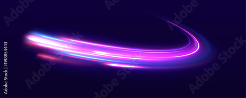 Fotografia Neon purple, blue light lines twist along a dark city highway