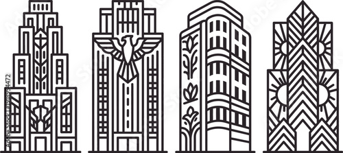Art deco skyscraper facade line icon vector illustration