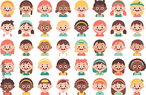 Diverse children portraits in flat illustration style with bright cheerful colors on white background for education and community themes.