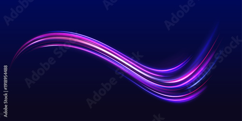 Laser motion purple, blue line crosses a dark futuristic road. Neon energy wave creates speed direction through city night traffic flow. Bright light trail, sport race, electric expressway, vector.