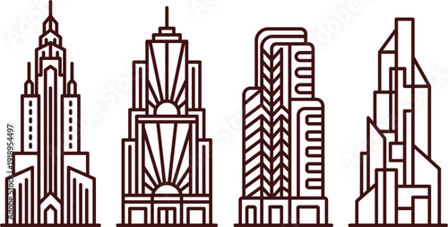Art deco skyscraper facade line icon vector illustration