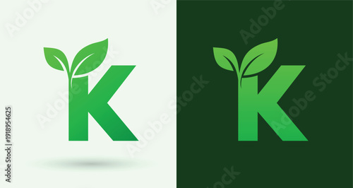   Letter K leaf logo eco green organic nature monogram sustainable brand identity alphabet icon
