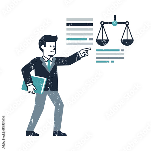 Businessman pointing at justice scales and data, legal concept illustration