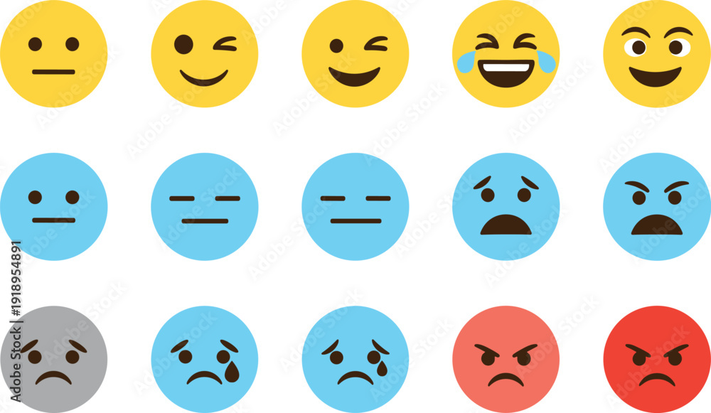Fototapeta premium Large Set of Fifteen Simple Flat Emoji Icons Featuring Various Facial Expressions from Happy and Laughing to Sad and Angry for Digital Communication