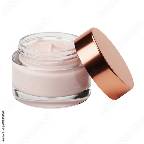 A jar of cream with a copper lid sitting on a white background