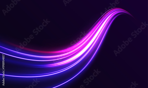 Neon laser wave flows along dark city road. Light motion purple, blue trail shows speed direction with strong traffic energy. Futuristic highway composition rendered in vector.