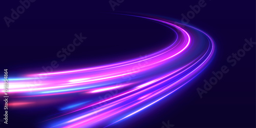 Futuristic highway shines with neon purple, blue light on dark background. Laser energy trail marks motion path with intense speed direction. City traffic wave, electric line, vector illustration.