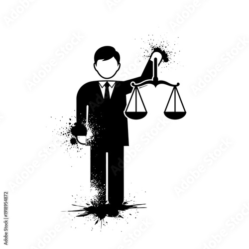 Lawyer holding justice scales, legal concept, black ink splatter