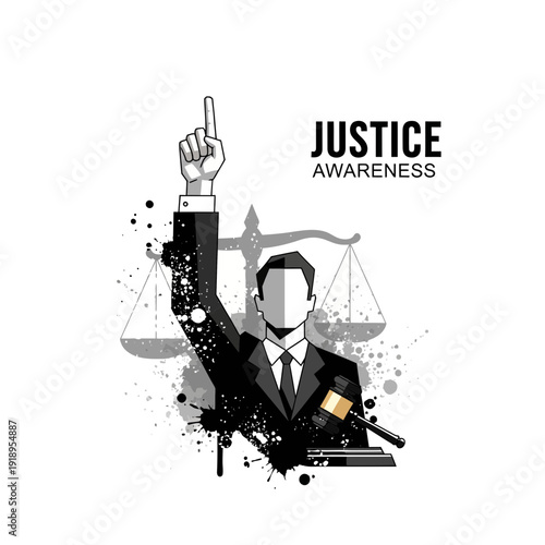 Lawyer pointing index finger up with scales of justice and gavel