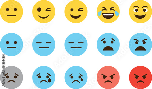 Large Set of Fifteen Simple Flat Emoji Icons Featuring Various Facial Expressions from Happy and Laughing to Sad and Angry for Digital Communication