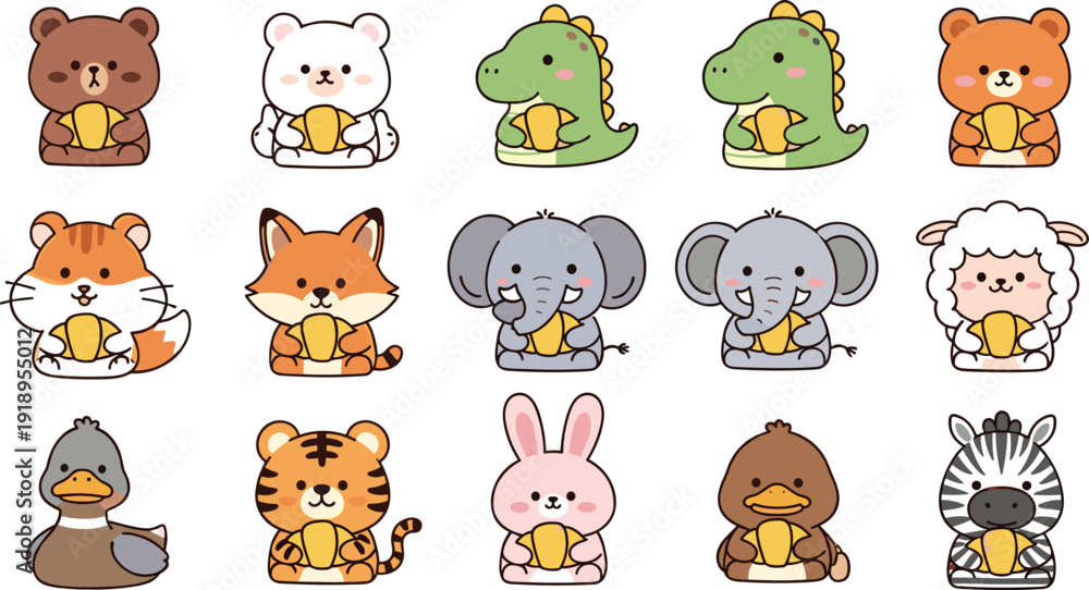 Obraz premium Large Set of Fifteen Kawaii Cartoon Animal Characters Including Bears, Dinosaurs, Elephants, and Tigers Holding Golden Acorns for Kids Designs and Stickers