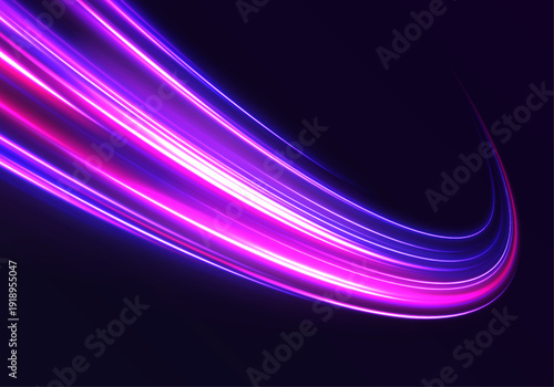Futuristic neon road glows on a dark background. Laser speed purple, blue trail forms a clear motion path with intense energy flow. City traffic light wave illustration created in vector.