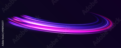 Neon traffic purple, blue wave moves across a black city highway. Laser light line defines motion direction with strong speed energy. Futuristic road trail composition produced in vector.