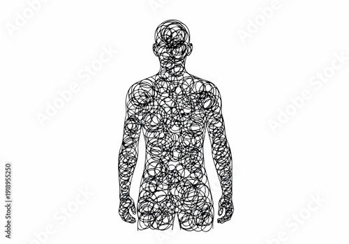 Abstract representation of a human body filled with chaotic lines, symbolizing mental disarray or introspection