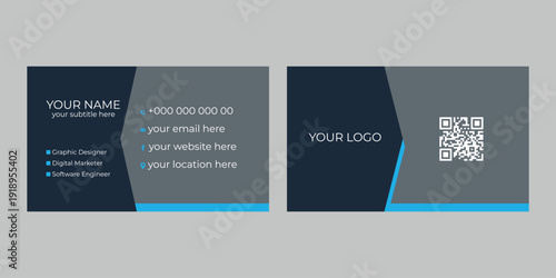 A sleek and modern corporate business card template featuring a minimalist dark theme with professional cyan accents. 