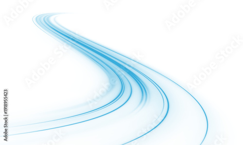 Neon laser blue speed line move across city highway road. Light wave forms motion, futuristic energy trail, guiding traffic flow with glowing direction. PNG vector. Strong wind created whirlwind.