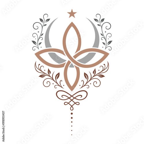 Mondknoten Symbol - Spirituelles astrologisches Vektor Ornament. Halbmond mit Stern.