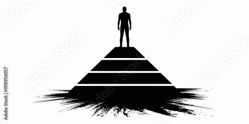 Silhouette Man Standing Atop a Black Pyramid Symbolising Business Leadership Success, Career Achievement, Ambition to Climb Corporate Ladder, Innovation, Strategy, Overcoming Challenges, With Brush St