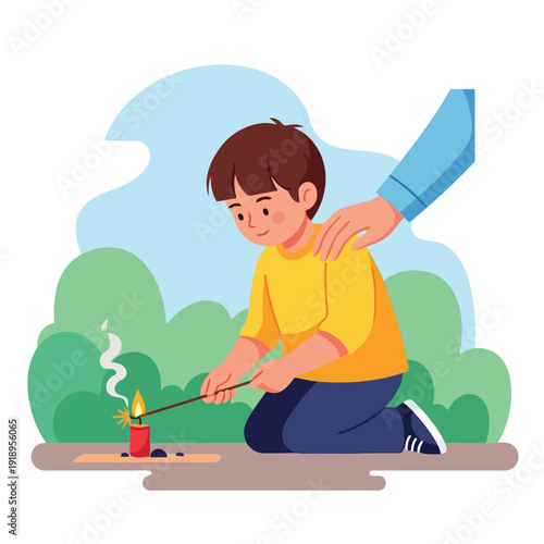 Adorable boy lights firecracker with supervision outdoors for celebration