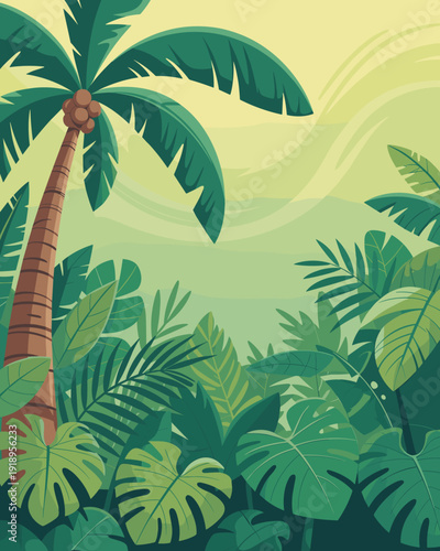 Lush Tropical Jungle Illustration: Immersive Scene of Exotic Flora Showcasing a Vibrant Palm Tree, Dense Greenery, and a Calming Backdrop in a Stylized Cartoon Style; Ideal for Ecotourism, Nature Illu