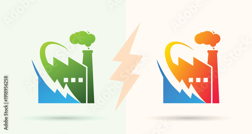    Factory with lightning power bolt logo industrial energy technology fast modern icon
