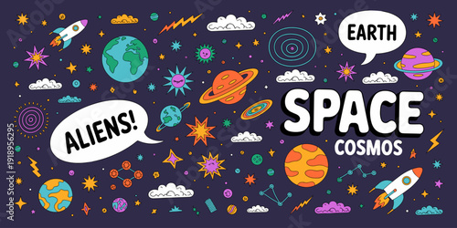 Whimsical Space Adventure: Rockets Explore Planets Under Starlit Cosmos – Cartoon Exploration of Universe for Children’s Education, Astronomy Designs, Sci-Fi Theme, Galactic Journey, Cosmic Backdrop,