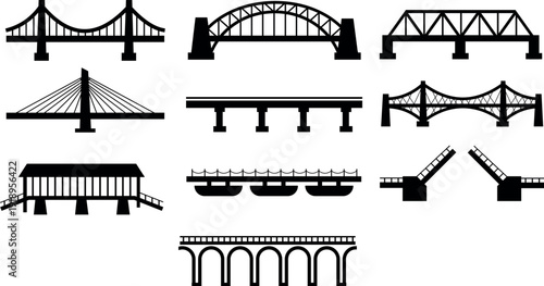 Collection of various bridge silhouettes and icons for architecture and engineering design