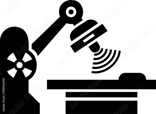 Robotic arm performing ultrasound scan on patient table icon symbol