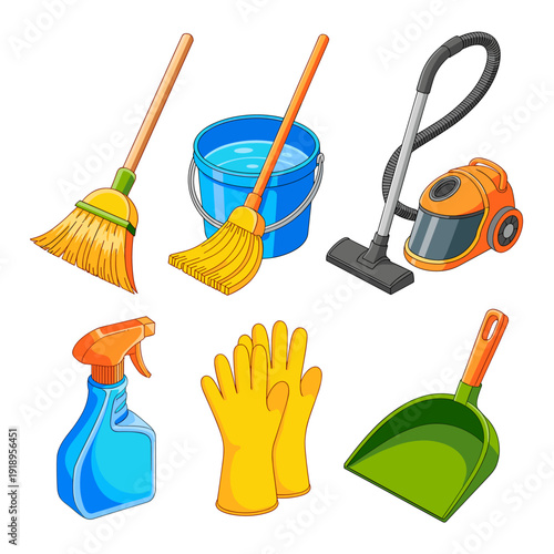 Cleaning Equipment Arrangement: Spring Cleaning Tools for Home Care & Janitorial Services - Broom, Mop, Vacuum, Spray Bottle, Gloves & Dustpan for Housekeeping, Vector Graphic, Cartoon Style, Domestic