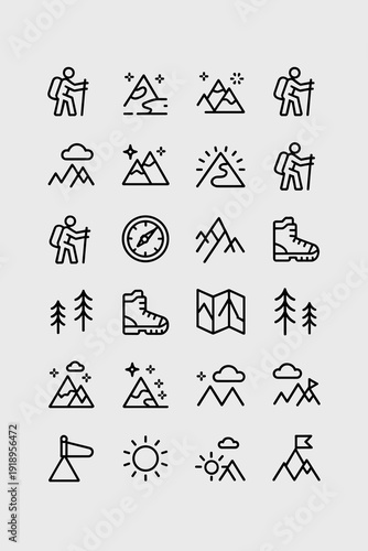 Hiking Adventures Line Icons: Outdoor Recreation, Exploration, and Nature Tourism Concepts –  Symbol Collection for Trekkers, Campers, and Backpackers. Graphic Design Elements for Travel and Adventure