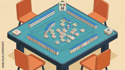Isometric Mahjong Game in Progress: Strategy, Skill & Connection  Indoor Game Table with Tiles, Chairs, Calm Concentration, Asian Culture, Focused Mind, Board Games, Hobbyist, Home Leisure, Serenity,