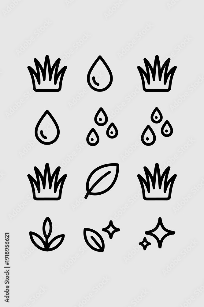 Fototapeta premium Ecological Wellness Icons on Natural White: Lush Grass Clumps, Water Droplets and Leafs Representing Growth, Sustainability, and Balance for Organic Agriculture, Eco-Friendly Lifestyle Choices, Freshn