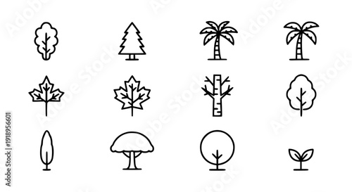 Trees flat line icon set black vector