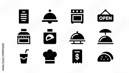 Restaurant Icons Set: A Culinary Collection for Digital Designs - Menu, Service Bell, Oven, Open Sign, Drink, Chef Hat & Takeout Food Symbols for Food Service, Catering, Bistro Mobile App Interfaces a