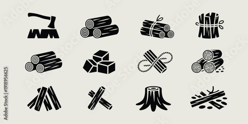 Lumberjack Tools and Wood Illustrations: Forestry & Timber Industry Graphics, Logging, Silhouettes, Axe Chopping, Firewood Stacks, Stump, Nature, Rustic Design Elements, Construction, Solid Monochrome