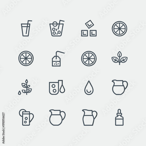 Refreshing Drinks Line Icons Set: Infusions, Juices & Refreshments Creation, Tea, Lemonade, Beverage Preparation - Minimalist Pictograms for Recipe Design, Menus, Kitchen Themes, Healthy Lifestyle Gra