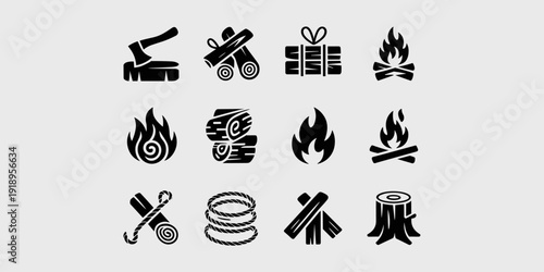 Black  Icons of Woodworking & Campfire Elements in Minimalist Style: Lumberjack Tools, Bonfire Symbols, Timber, Logs & Kindling for Forestry, Carpentry & Camping Concepts; Flat Vector Design, Isolated