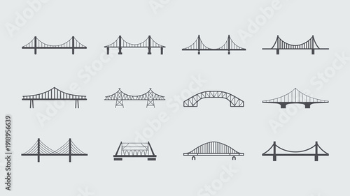 Bridge Icon Set: Minimalist Designs of Architectural Structures for Urban Development and Engineering Projects, Black and White Vector Illustrations Depicting Suspension, Arch, and Cable-Stayed Styles