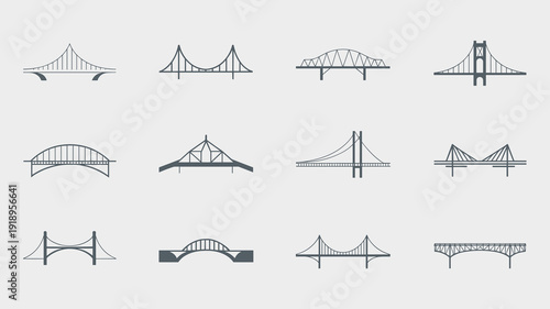 Elegant Bridge Icons Vector Graphics, Minimalist Style, Transportation Infrastructure, Spanning Rivers and Gorges, Construction Engineering Design for Architectural Presentations, Connectivity and Pro