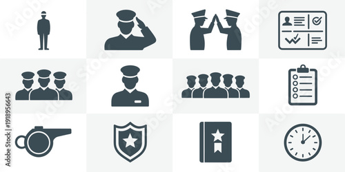 Law Enforcement Icons Set: Policemen in Action, Teamwork and Time Management for Justice and Security Projects - Modern Silhouette Graphic Elements for Police Department, Community Safety, and Legal S