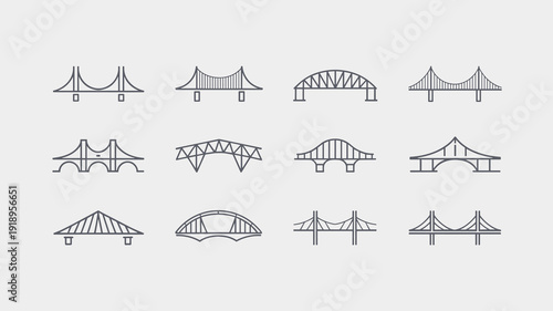 Bridges Set: Outlines of Varied Bridge Types Depicting Infrastructure for Transportation Across River or Valley representing Civil Engineering and Architecture. Linear Style Icons Showcasing Suspensio