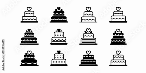 Collection of Wedding Cakes Icons Isolated on White Background, Celebrating Marriage Ceremony, Sweet Desserts for Romantic Events, Celebration, Party Treats, Confectionery Design, Bakery Symbol, Love