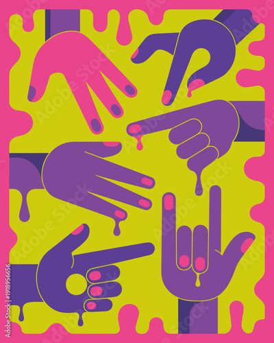 Hands Gesturing Artistically in Vibrant Colors, Neon Pink and Chartreuse Illustration against a Psychedelic Backdrop, Cartoon Style Hands Expressing Emotions, Artistic Graphic Design, Conceptual Illus