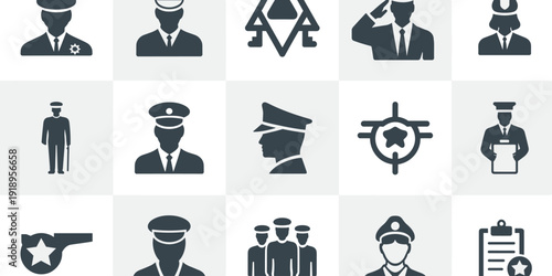 Law Enforcement Icons Collection Displaying Respect and Order in a White Background. Professionalism in Police and Security Services Symbolizing Protection & Public Safety, Featuring a Silhouette-Styl