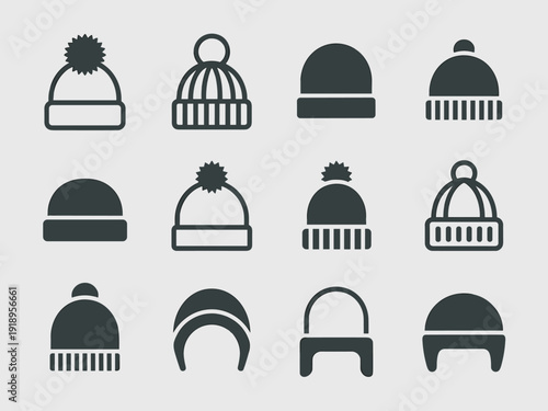 Winter Hats Collection: Assorted Headwear for Cold Weather Fashion, Stylized Icon Set for Clothing and Accessories Designs, Seasonal Style Elements, Sportswear & Casualwear, Knitted Wool Cap Graphics,