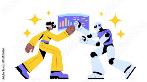 Human-Robot Collaboration in Virtual Environment: Future Tech Interaction for Data Analysis & Automation Workflow, Business Innovation & Productivity with Digital Transformation Via VR Headset in a Mo