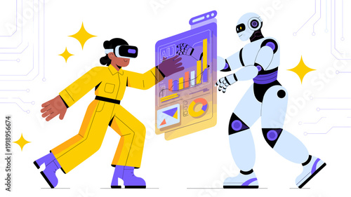 Virtual Reality Data Analysis:  Human and Robot Collaborating on Future Technologies, Enhancing User Experience Through AI-Driven Digital Transformation in a Bright, Futuristic Technology Environment