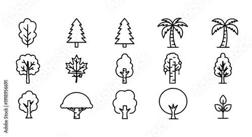 Minimal nature tree flat line icon set