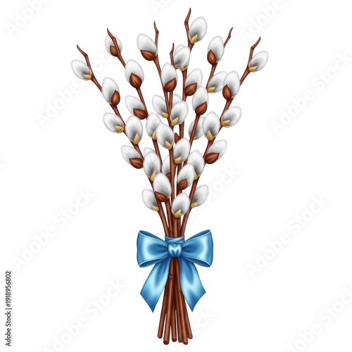 Spring pussy willow twigs with soft catkins arranged in a bundle and tied with a decorative blue satin bow, isolated on white background as a symbol of Palm Sunday and Easter