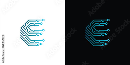 The letter 'E' logo is formed from digital circuit lines on a white or black background. It represents electronics, engineering, energy, efficiency, and the digital age.